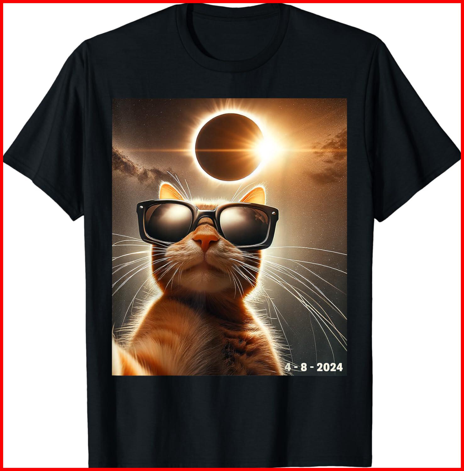 Cat taking a selfie with solar 2024 eclipse wearing Glasses Black T-Shirt S-5XL XL