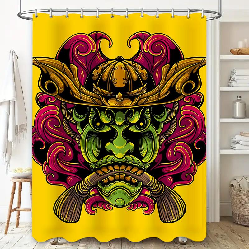 Tuniu Samurai Warrior Japanese Mask Shower Curtain Room Decor Wall Hanging Art Print Red Pink Decorative Curtain