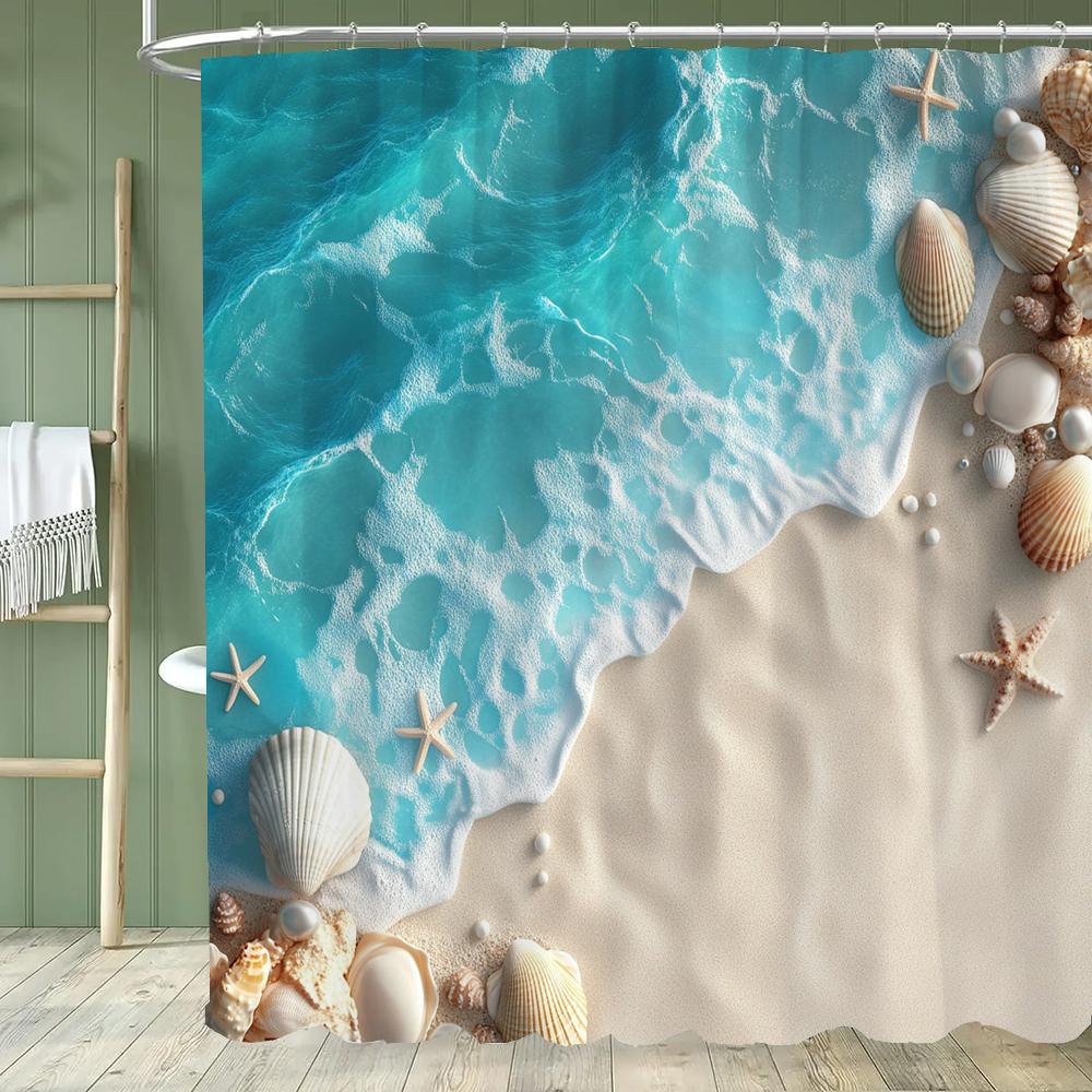 Sunshine Beach Shower Curtain,Ocean Shell Starfish Printing Polyester Fabric Bathroom Curtains for Home Decoration Curtain
