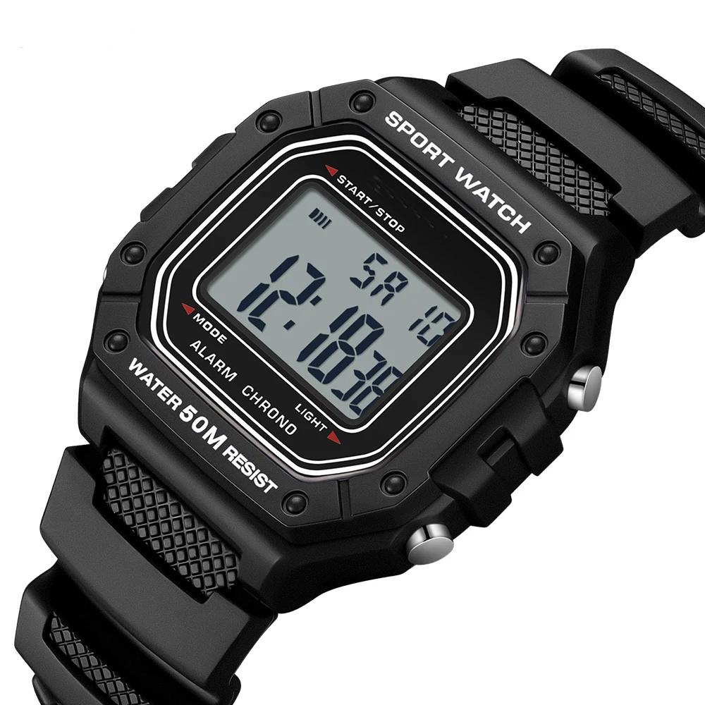 Herrenuhr Elektronisches Digitales Uhrwerk Rechteckiges LED-Anzeige Zifferblatt Outdoor Sport Wasserdicht Herrenarmbanduhr