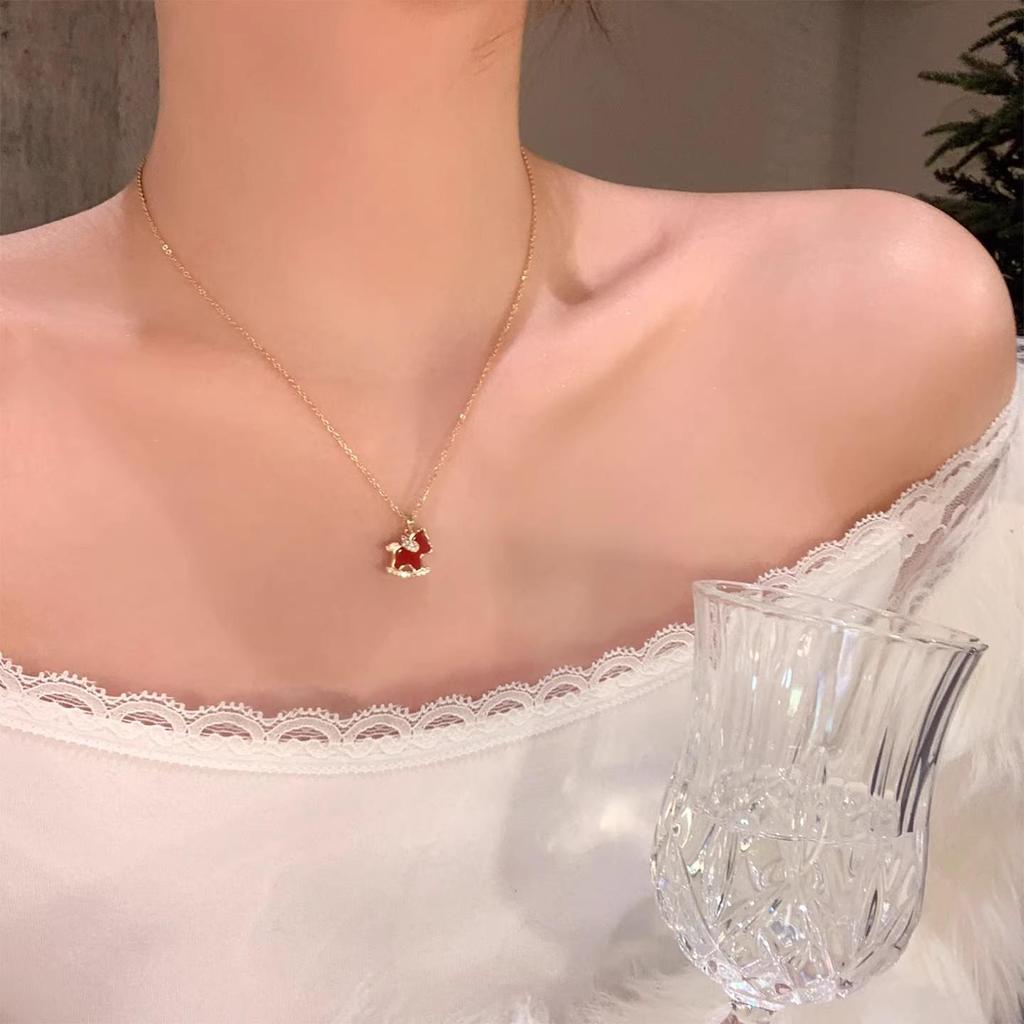 Red Cubic Zirconia Wooden Horse Necklace for Women - Elegant Luxury Choker with Exquisite Clavicle and Sweater Chain Design.