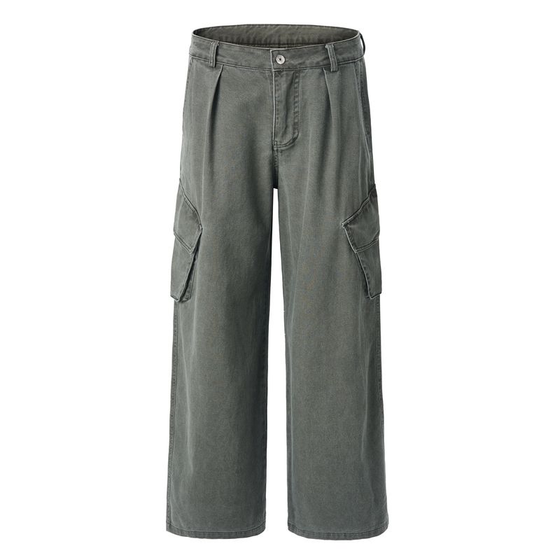 Kisko American Retro Washed Large Pocket Baggy Silhouette Cargo Pants Unisex Loose Straight Casual Wide-Leg Pants