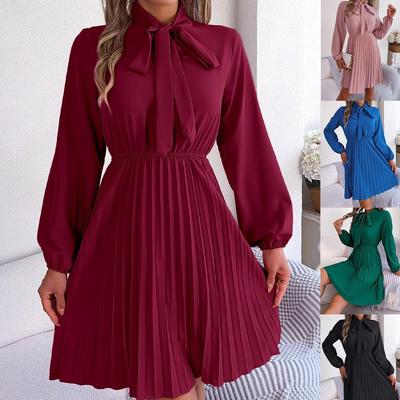 Rochie cu dantelă de culoare solidă cu guler ridicat Rochie plisată elegantă cu talie înaltă pentru femei Rochii largi cu mâneci lungi Rochie cauzală