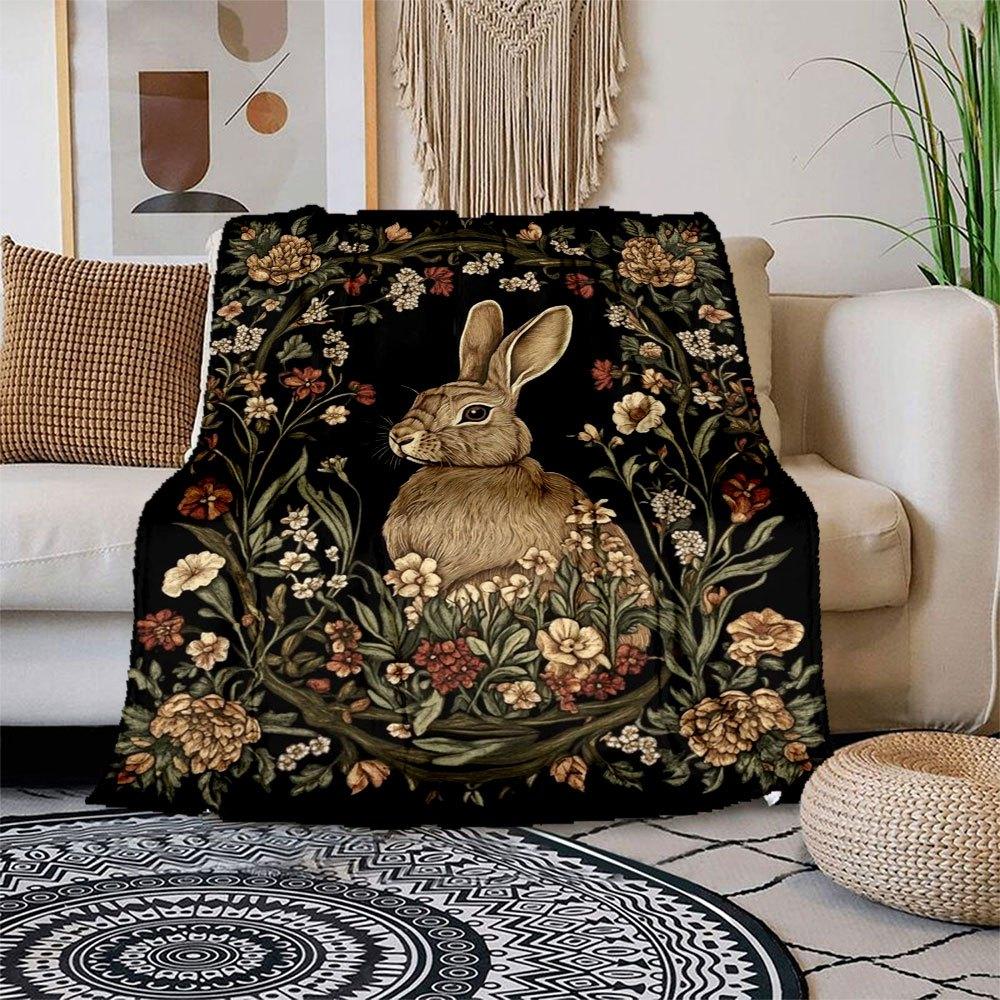 

Rabbit in Flowers: Elegant Wall Art Print Blanket Flannel Throw Blanket for Sofa, Bed, Travel, Camping, Office, Couch, Chair, And Bed Gift 150x180cm