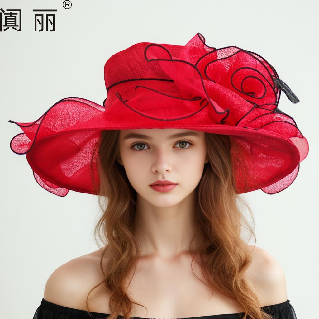 European and American Fashion Organza Hat Women's Summer Elegant Flower Fashion Big Edge Cool Hat Beach Sunscreen Sun Hat Tide