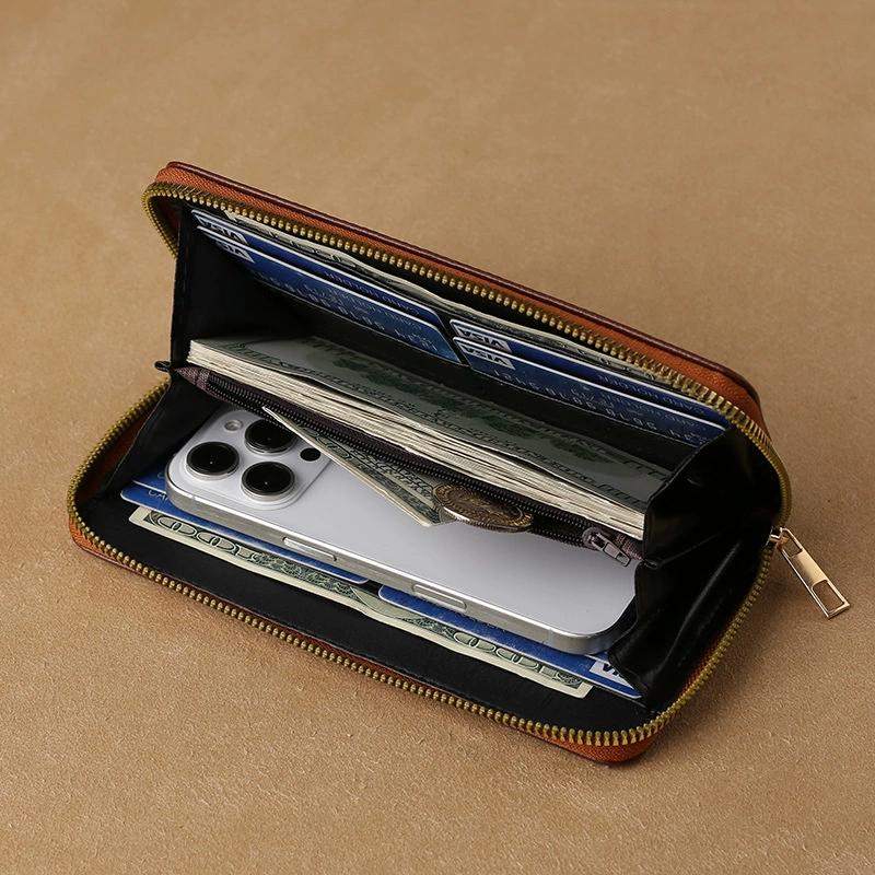 Men's PU Leather Long Wallet With Zipper Coin Purse Pocket Money Clip Clutch Vintage Large Capacity Male Short Money Purse Card Holder