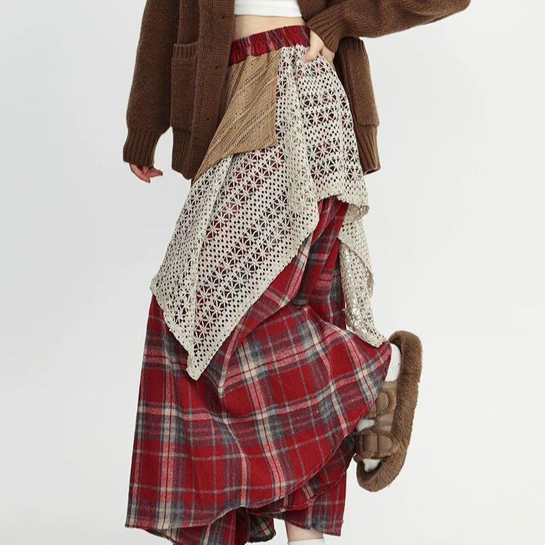 Retro High Waist Plaid Swing Skirt with Irregular Letter Patchwork in Red