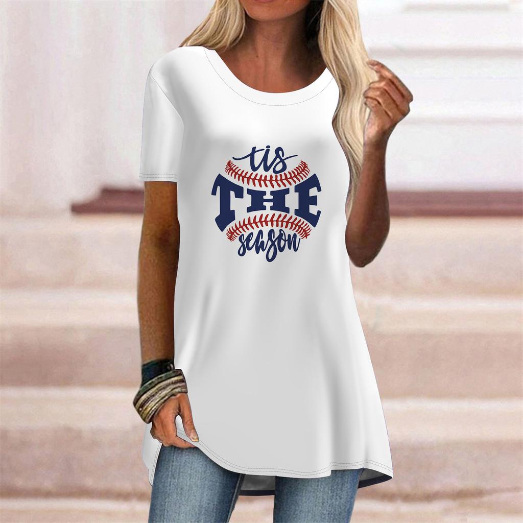 Plus Size Women Summer Yellow Tennis Ball Printed Comfy Short Sleeve Round Collar T-shirt Casual Baggy Mid Length Tee Tops