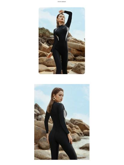 Damski Jednoczęściowy Strój Kąpielowy z Długim Rękawem i Spodniami Ochrona Przed Słońcem Wyszczuplający Do Nurkowania Plus Size