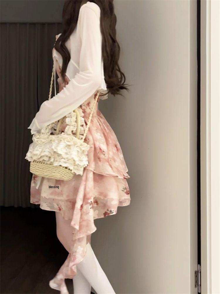 Atmosphere Floral Spaghetti Strap Dress & Cardigan Set - Sweet Spring/Summer Waist-Hugging Skirt