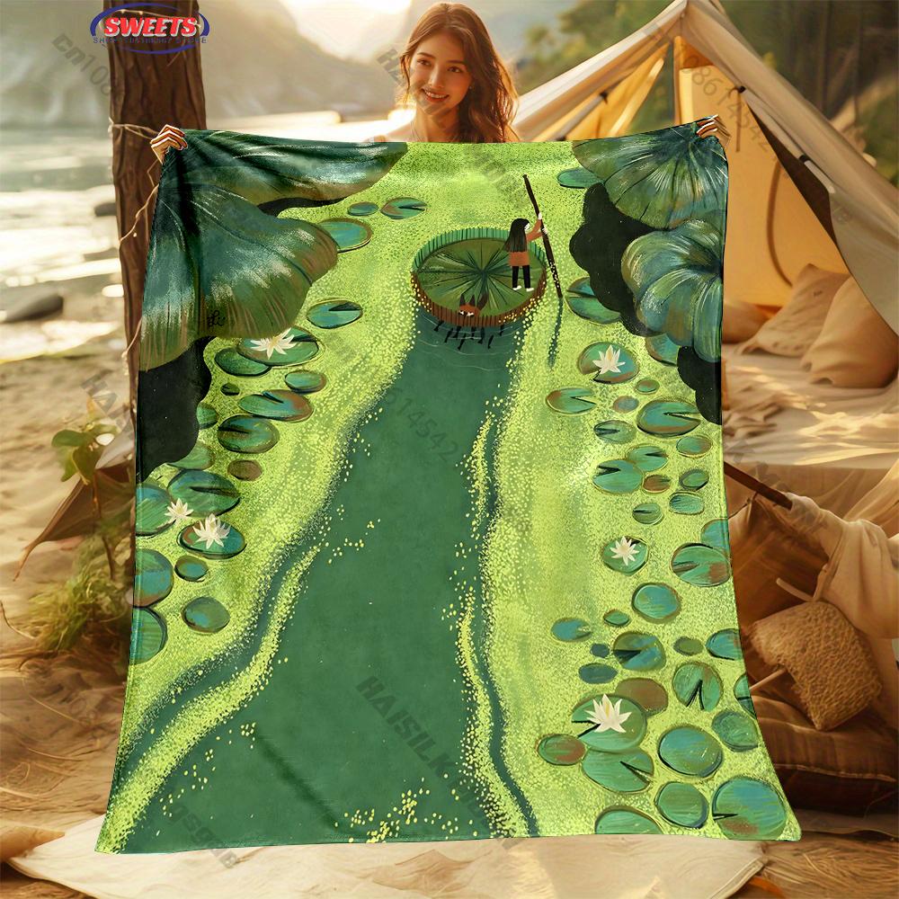 

Lotus Leaf Pattern Printed Soft Blanket, Cozy and Warm Throw Blanket for Sofa, Bed, Camping, Holiday Gift for Family and Friends 75x90cm