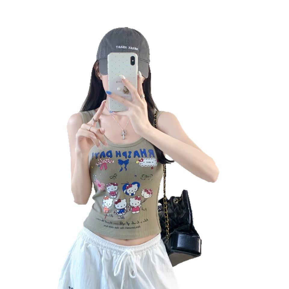 #Summer new sweet wind cartoon print splicing round neck vest female slim fixed with chest pad top