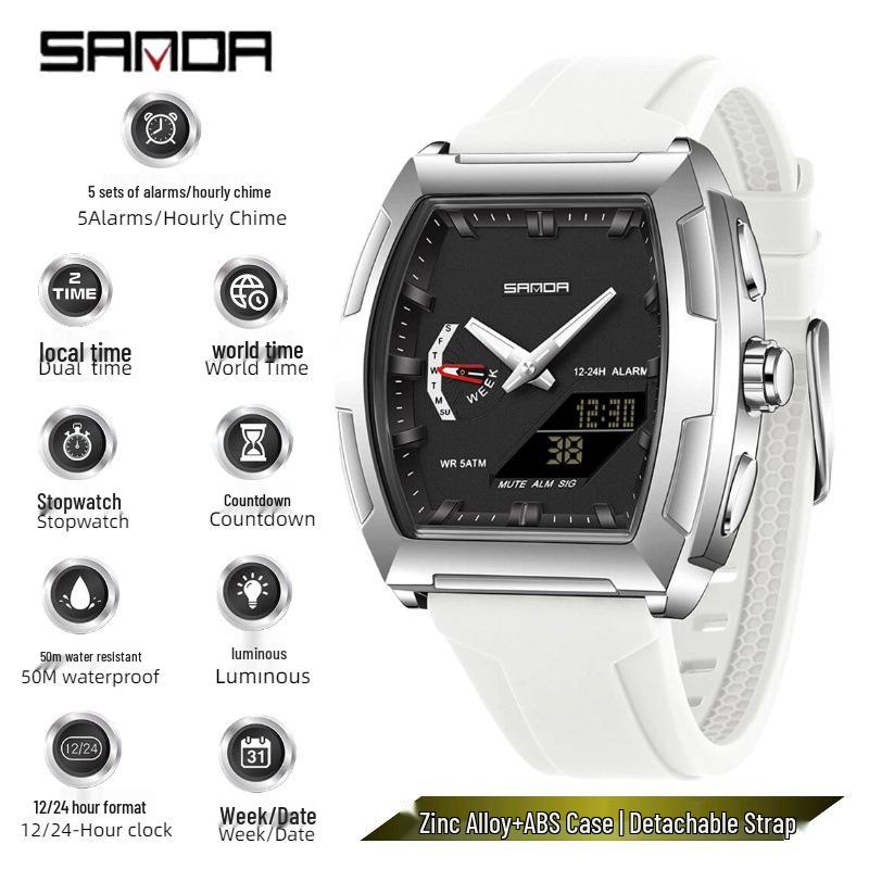Sanda Trendy Men's Dual Display Luminous Waterproof Electronic Watch - Casual and Versatile with Countdown Timer