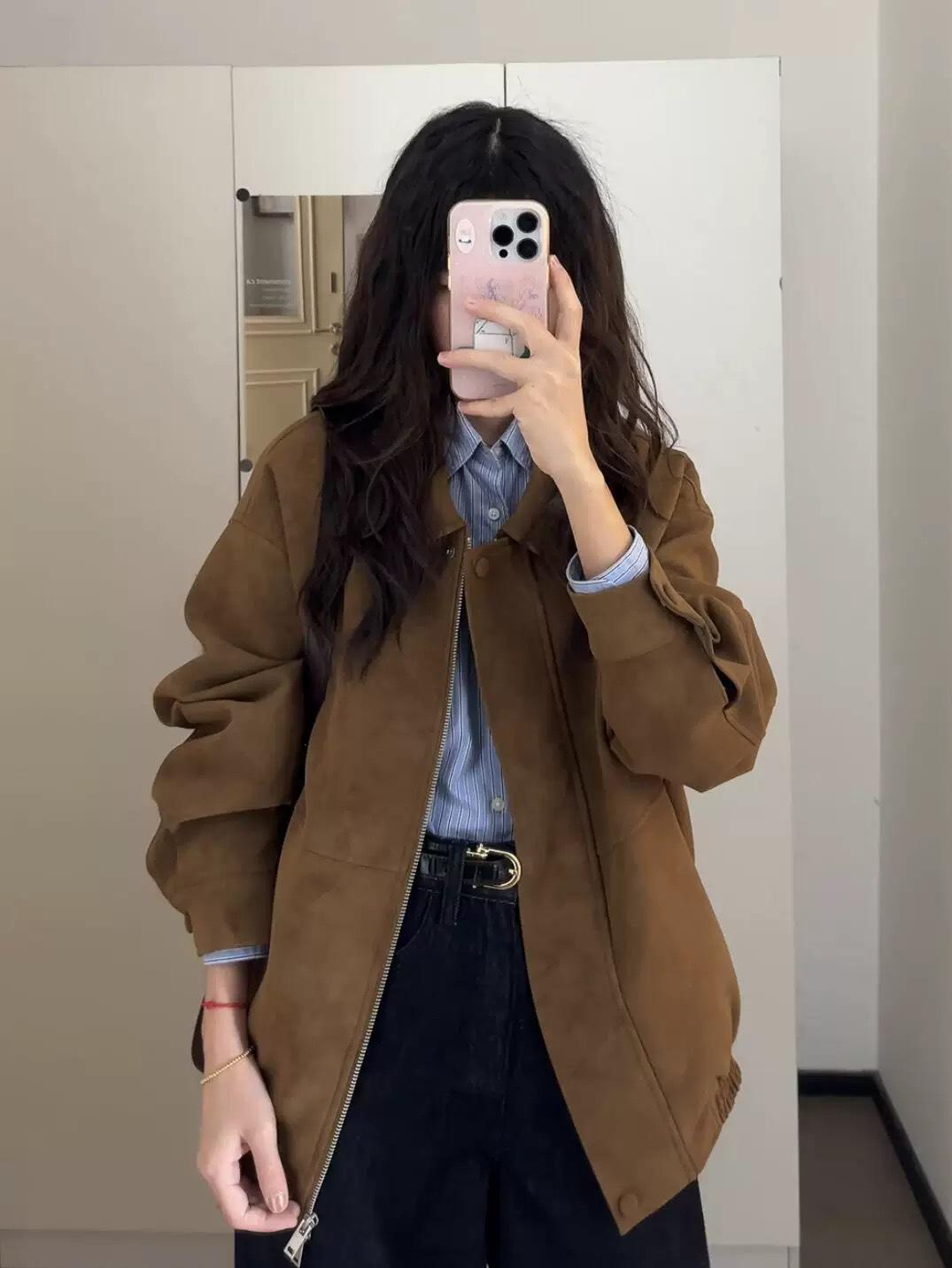 

Женская ретро куртка из замши с лацканами - Модная свободная, повседневная весенне-осенняя кофта S коричневый