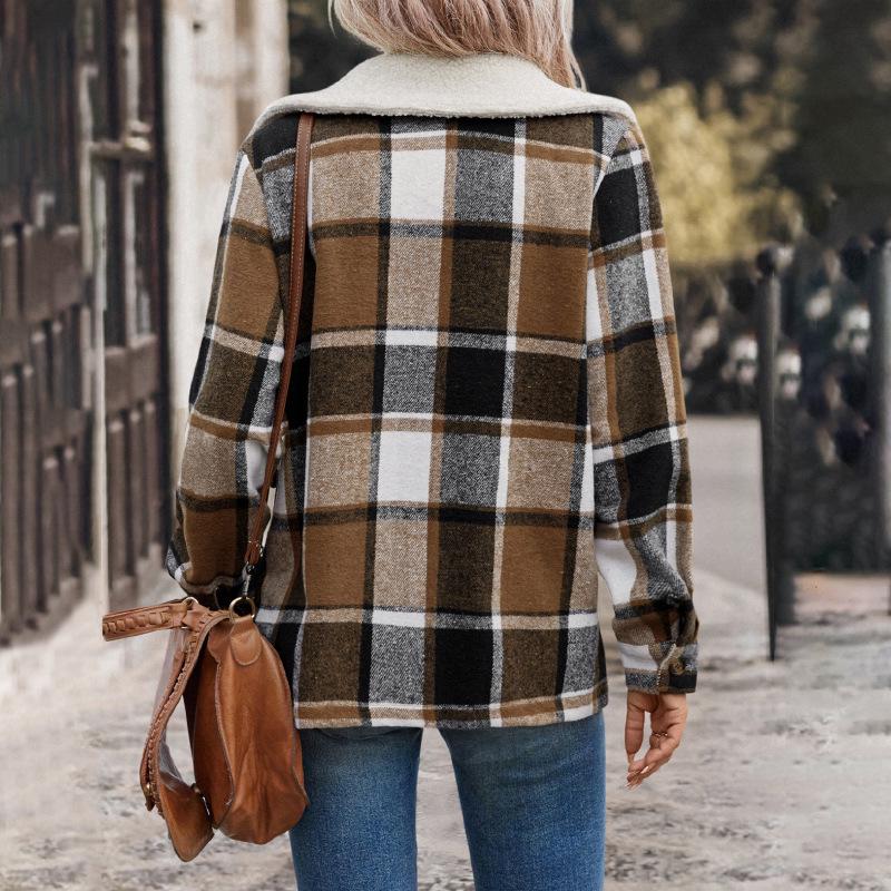Versatile Retro Plaid Cardigan: Warm Brushed Lapel Jacket for Autumn & Winter