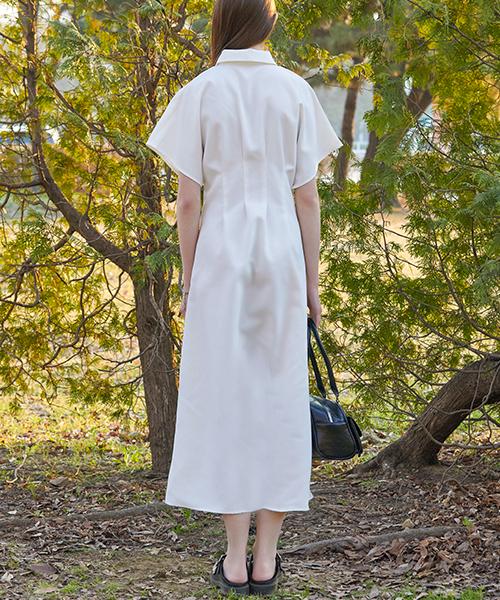Collet Slim Fit Pintuck Summer Shirt Short Sleeve Maxi Long Dress [White] 610