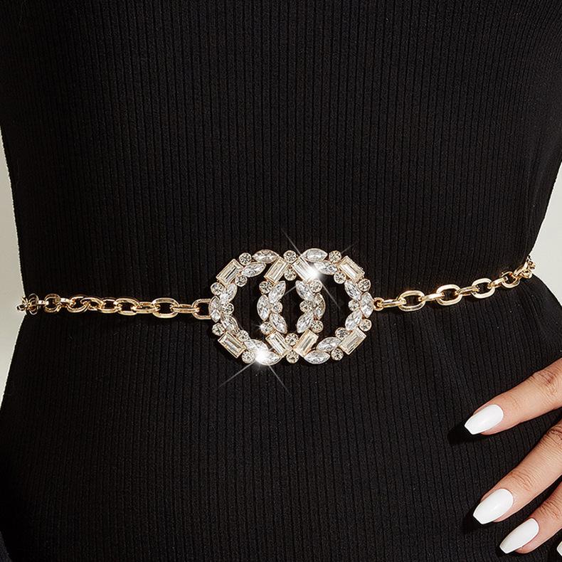 Metal Waist Chain Women'S Accessories Double Round Rhinestone Buckle Tide Spice Girl Chain Dress Belt Chain