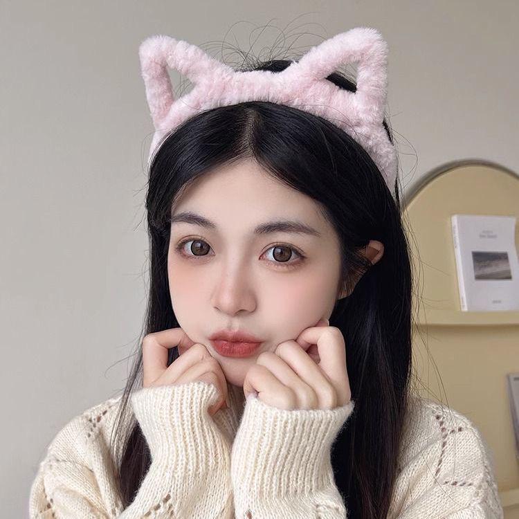 Cute Wide-Brimmed Plush Cat Ear Headband for Face Washing & Teeth Brushing - Includes Hair Tie & Clip