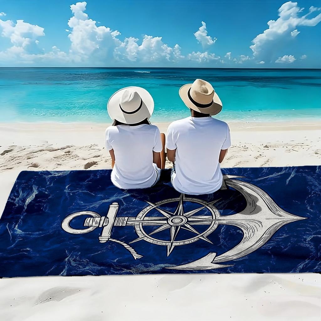 1PC Nautical Anchor Beach Towel, Polyester Quick-Dry Print, Navy Blue Marble & Compass Design, Soft Towel for Beach & Swimming,