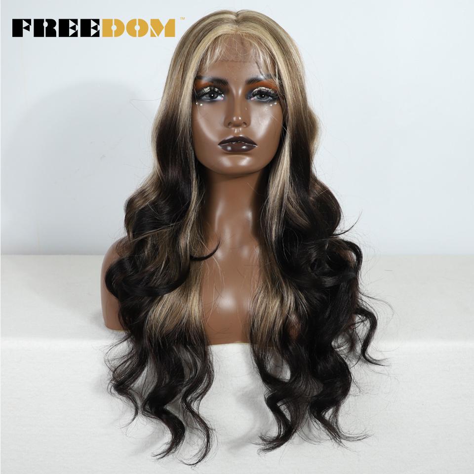 FREEDOM Synthetic Lace Front Wigs For Women 26 Inches Body Wave Wig Ombre Brown Blonde Lace Wig Synthetic Highlight Cosplay Wig