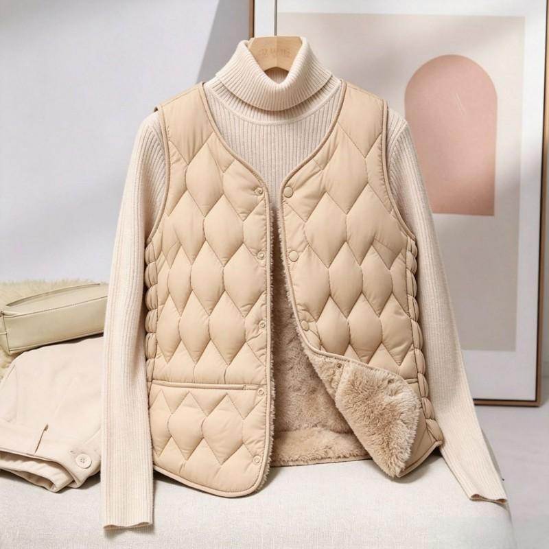 Womens Lightweight Padded Vest With Fleece Lining V-Neck Sleeveless Short Outerwear Winter