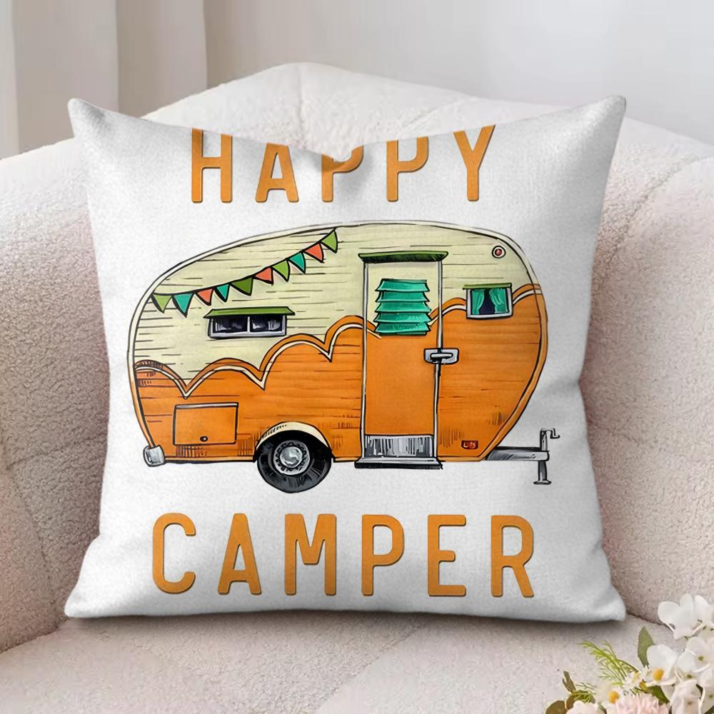 Happy Camping Rv Camper Car Cushion Cover Silky Short Plush Invisible Zipper Dustproof Sofa Pillow Case For Home Decor