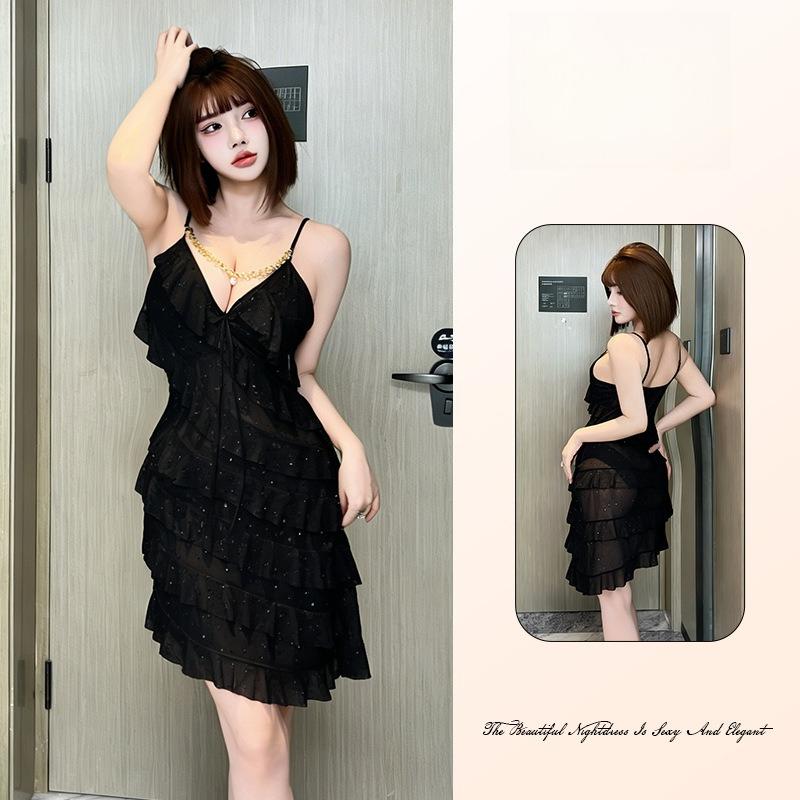 

Сексуальна напівпрозора міні-сукня-топ з воланами, металевим ланцюжком та перлинами, з відкритою спиною, приємна для шкіри нічна сорочка, гламурна, зручний одяг для сну з акцентами у вигляді ланцюжка з перлами L