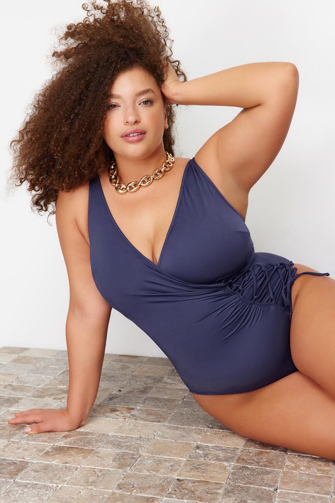 Women's Style Plus Size Black Double Breasted Tie Detailed Swimsuit
