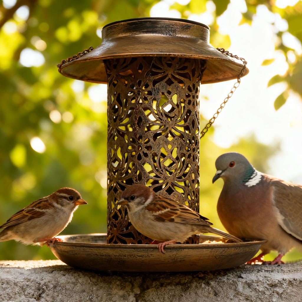 Solar Powered Bird Feeder With Lights, Antique Copper Decorative Cutout Hanging Bird Feeder For Outdoor Garden Yard