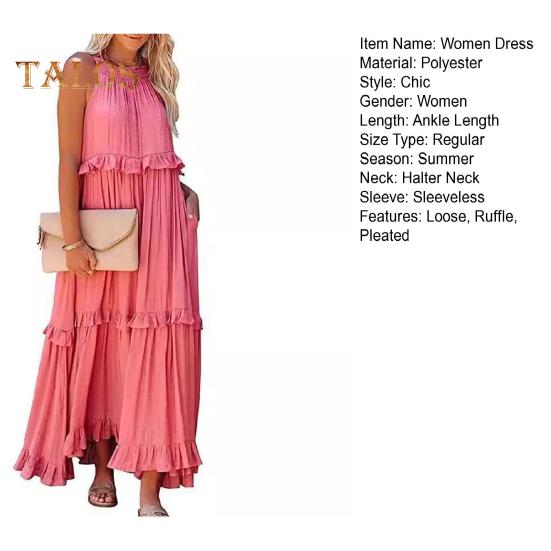 Γυναικείο καλοκαιρινό φόρεμα με βολάν, λαιμόκοψη αμάνικο, χαλαρό, μονόχρωμο, πτυχωτό φόρεμα για διακοπές στην παραλία