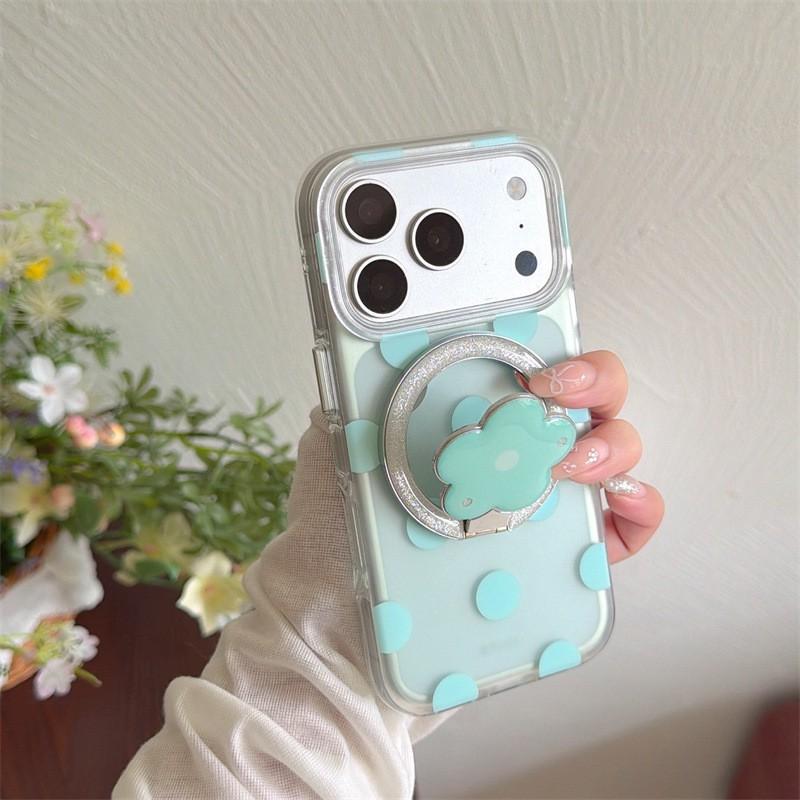 Magnetic Snap-on Phone Case With Flower Stand IPhone 18 Pro Max 17 16 15 Soft Silicone Cover Anti-Drop Polka Dot Design In