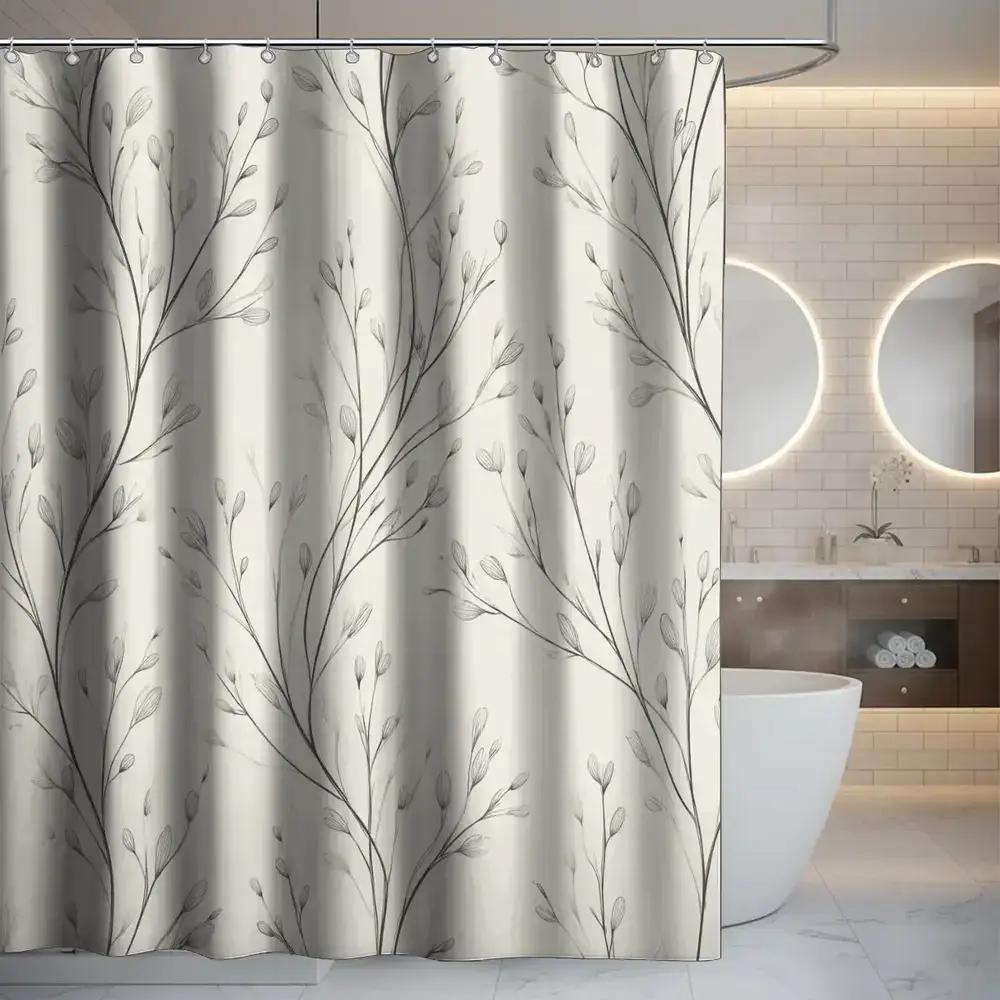 

Minimalist Branch Shower Curtain Gray Botanical Pattern Bathroom Decor Waterproof Curtains Elegant Home Style 90x180CM