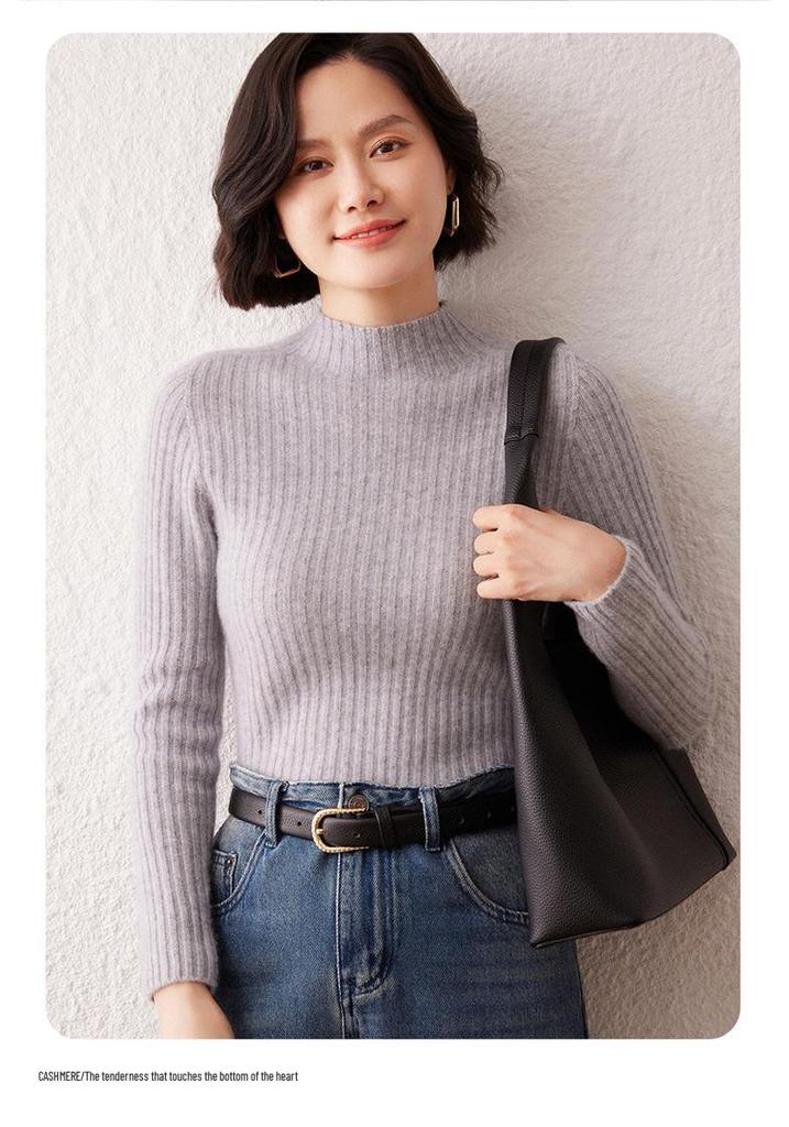 Slim-Fit Striped Cashmere Sweater for Women - Autumn/Winter 2026 Collection, Half-High Neck, Soft Solid Color Knitwear