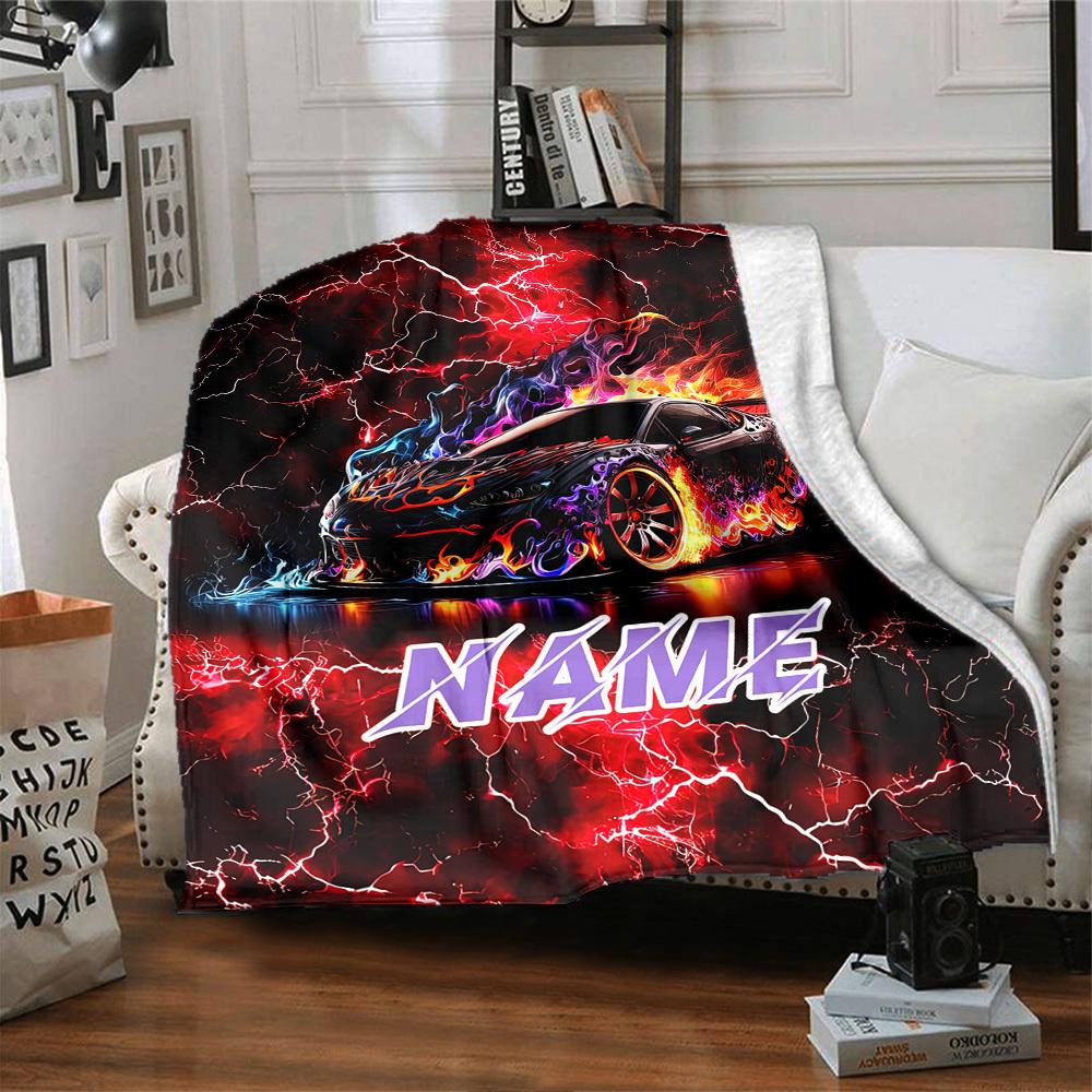 Custom Name Flames Racing Car Home Customize Your Name Blankets Comfortable Soft Lightweight Allseason Multipurpose Blanket For Picnics Sofas Offices