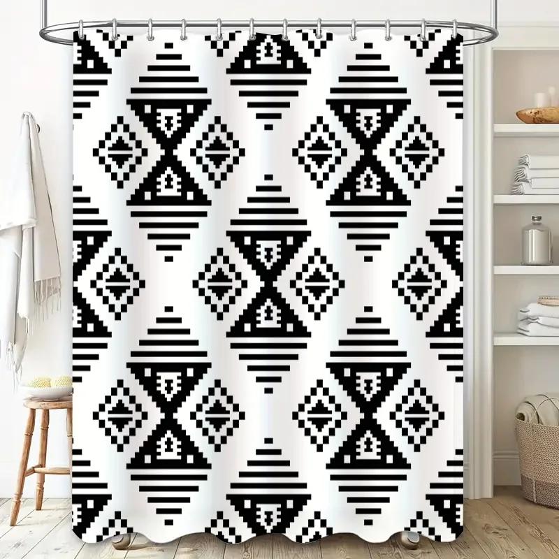 Modern Geometric Black White Shower Curtain Waterproof Home Decor Customizable Size Available In Various Colors.