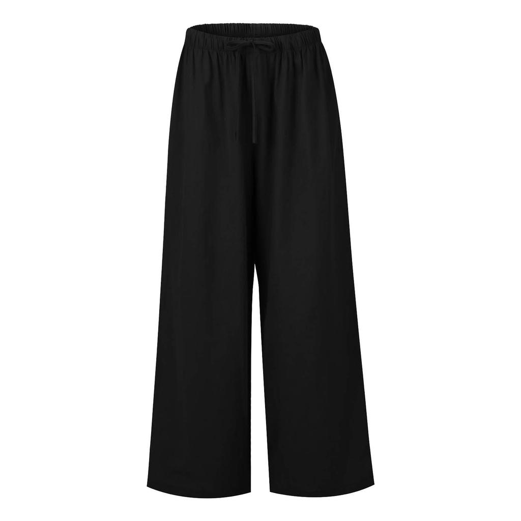 Summer Women's Casual Wide Leg Pants Loose Tie Front Pocket Solid Color Casual Ladies Work Casual Trousers