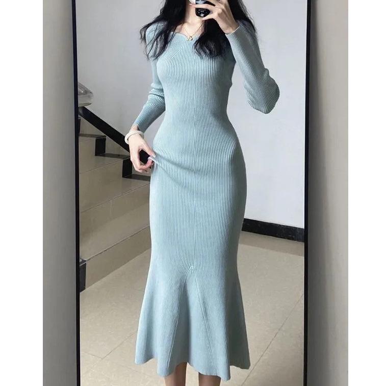 Women s Blue Knitted Fishtail Dress: Slim Fit, Waist-Cinching, Hip-Hugging Long Skirt for Autumn/Winter. S синий