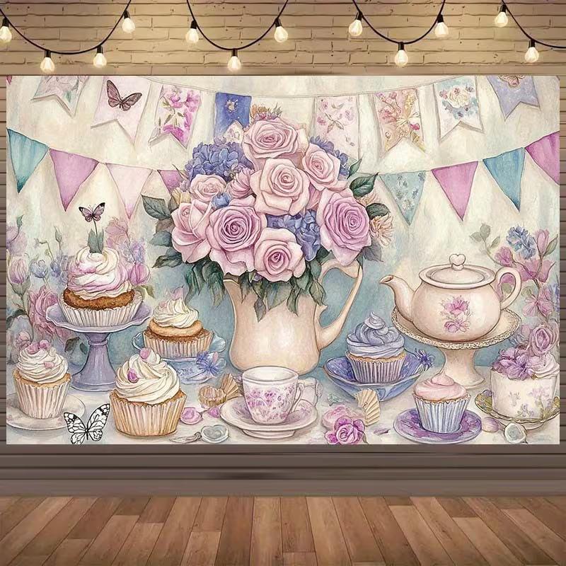 

2D Elegant Tea Party Print Party Backdrop for Bridal & Baby Shower Celebrations 47.2x31.5inch/120*80cm