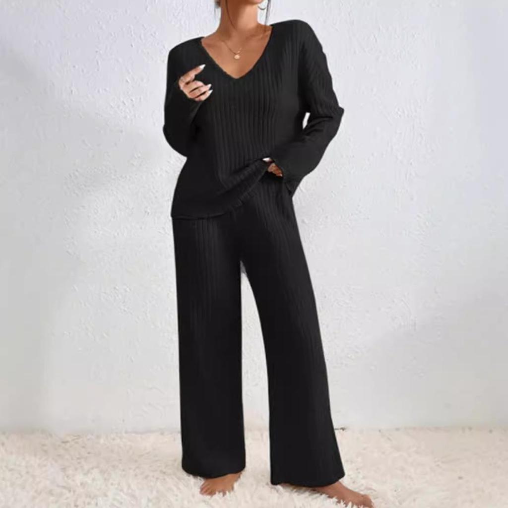 Women's Loose Casual Long-Sleeved V-Neck Pit Striped Brushed Top and Trousers 2-Piece Set