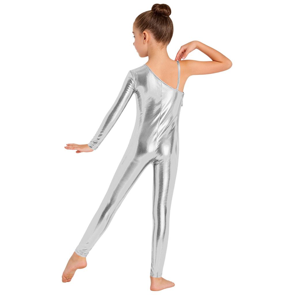 Girls Metallic Jumpsuit One Shoulder Long Sleeve Side Invisible Zipper Shiny Bodysuit Performance Dancewear