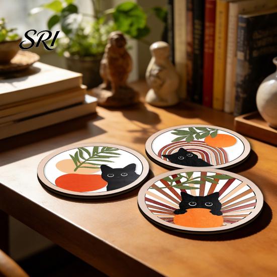 Cute Cat Design Coaster 4Pcs Healing Black Wooden Coaster, Creative Heat Insulation Bright Color Mat, Anti Slip Thickened Desk Protector for