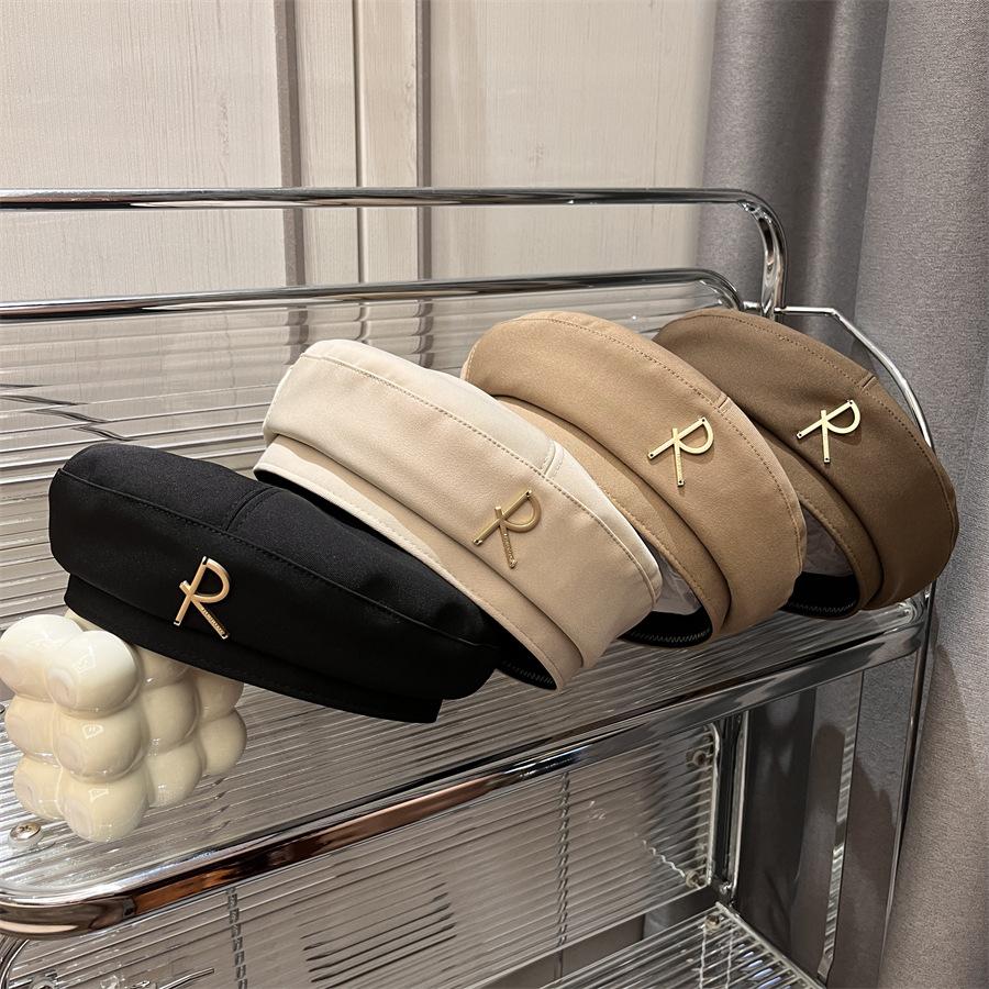 Fashion Metal Letter Octangonal Beret Trendy Beret Hat Lady Solid Color Casual Autumn Cap Vintage Simple Painter Hat Female