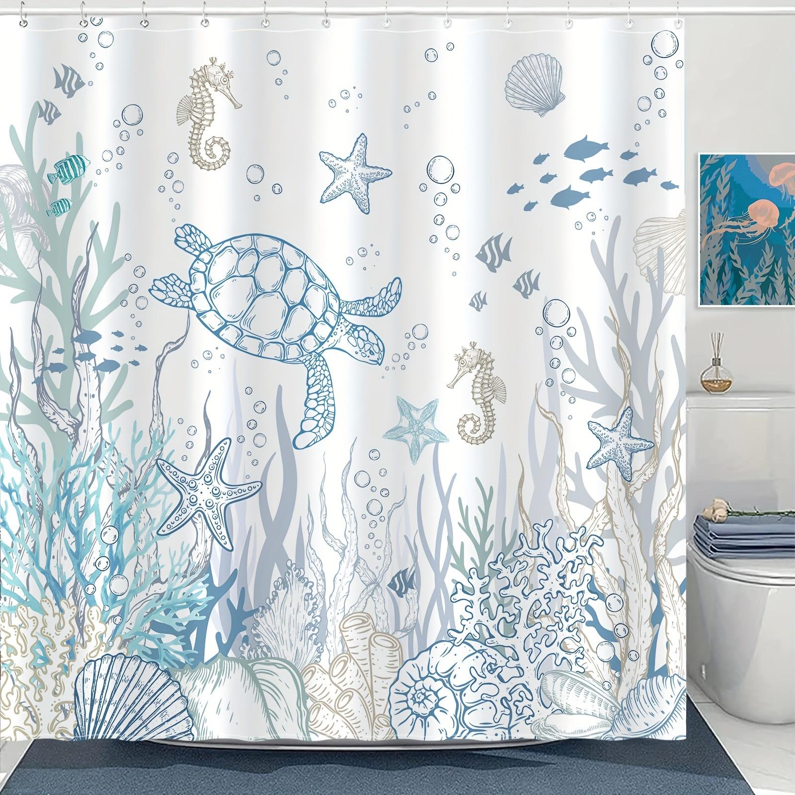 Oceanic Turtle & Coral Reef Shower Curtain - Blue Sea Turtle, Starfish, and Shell Design,  All-Season Bathroom Decor 90X180CM