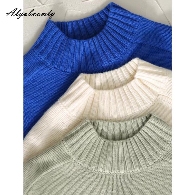 Korean Fashion Herbst Winter Frauen Casual Lose Pullover Halb Hohen Kragen Blau Beige Grün Gestrickte Pullover