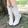 New 20 autumn and winter women's leather boots thick heel high heel medium boots pointed sleeve large size embroidered women's boots