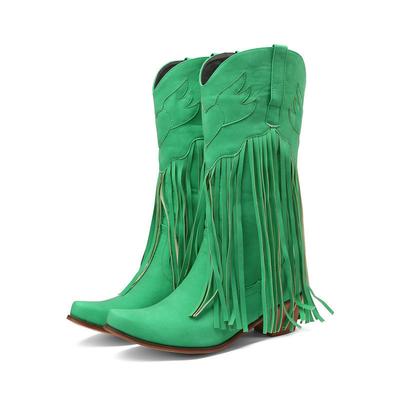 Large Size New Style Women Retro Ethnic Western Cowboy Boots Block Medium Heels Tassel Fringe Knee High Boots Lady Winter Shoes