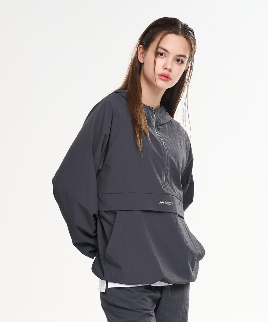 Lazybee Camp Multisport Running Windbreaker Anorak Hooded Zip-Up Jacket Top W Charcoal