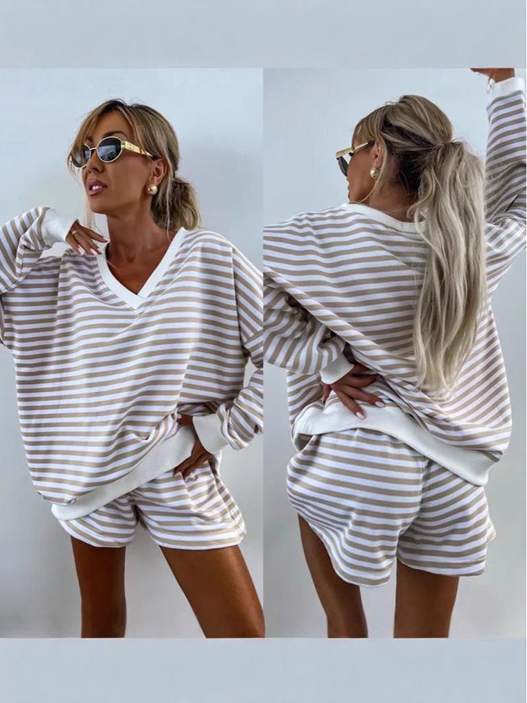 Summer Women's Striped V-Neck Top & Shorts 2-Piece Set