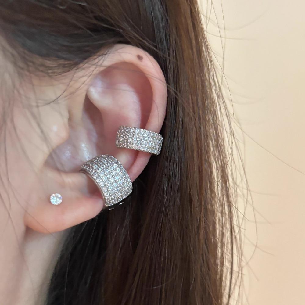 Xiaomi Women's Silver Color Stainless Steel Clip-on Earring, Multiple Rows, Fully Inlaid with Zircon, Faux Piercing,