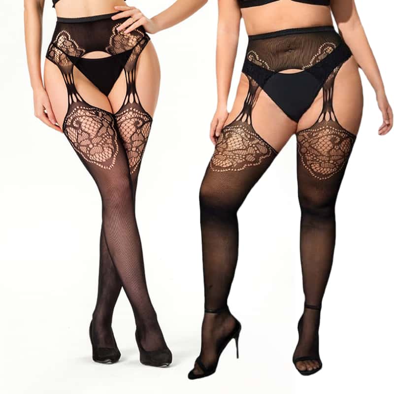 Oversized Women Hollow Black Fishnet Pantyhose Plus Size Knee Thigh High Sheer Sexy Lace Stockings Lingerie Socks Tights 5Xxxxxl